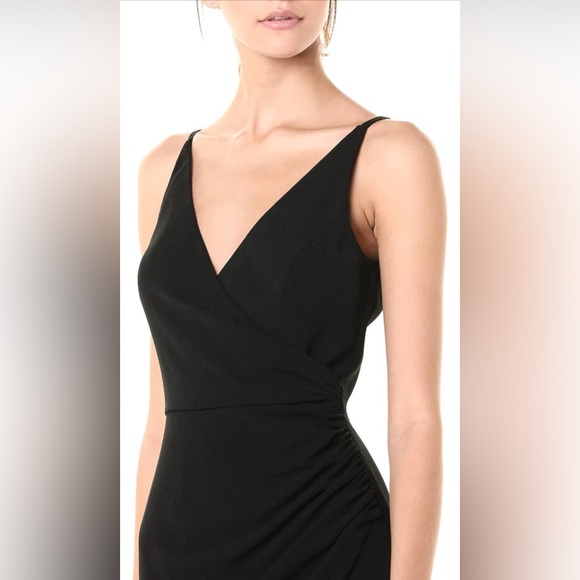 NEW Dress the Population Jordan Faux Wrap Ruched Side Front Slit Gown in Black - Picture 4 of 11